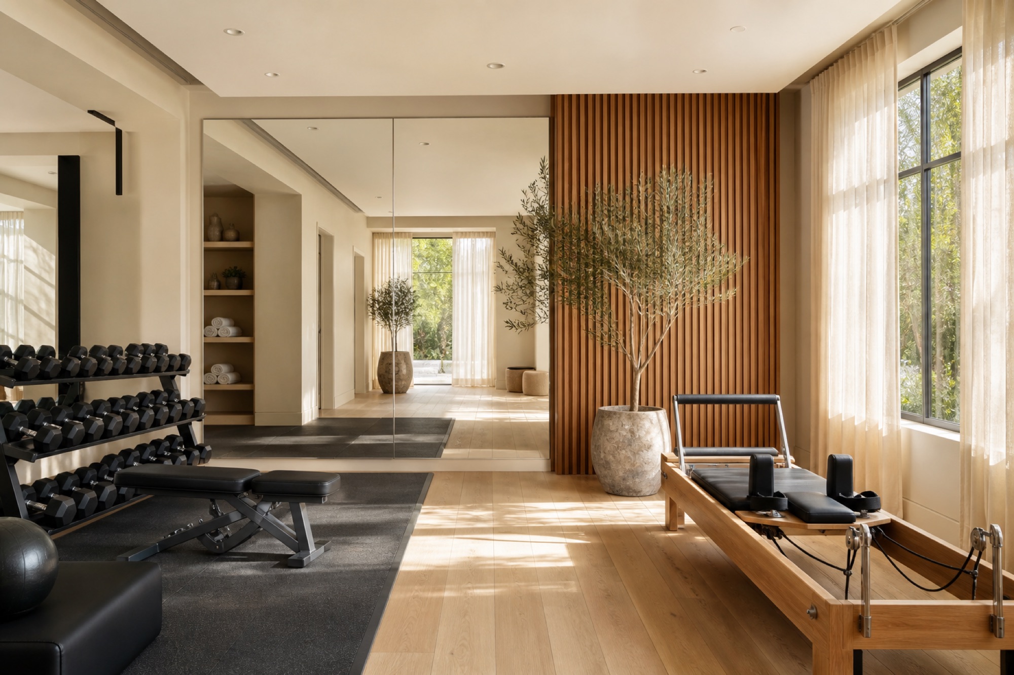 Luxury home studio with a weights zone, Pilates reformer, mirror wall and oak floors in morning light